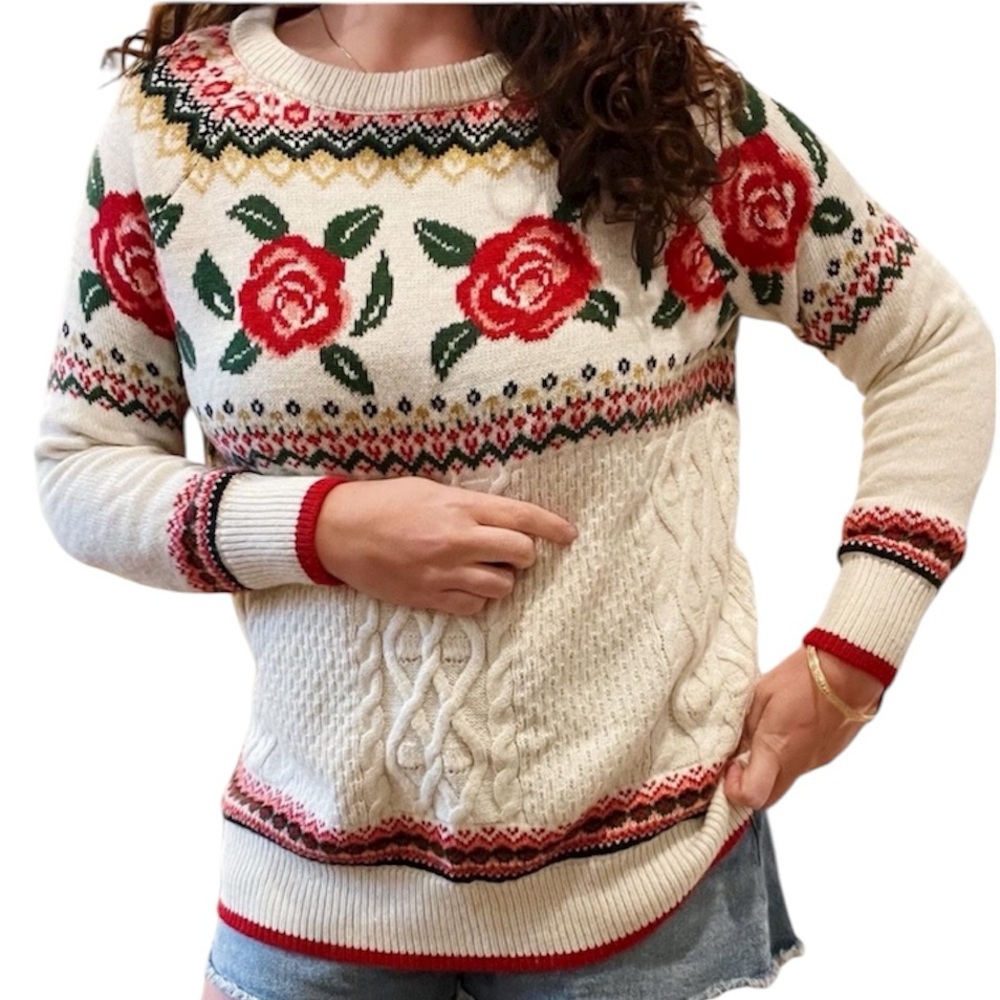 Mossimo Supply Co Cream Multi Rose Sweater Cottagecore Romantic Fair Isle Size M